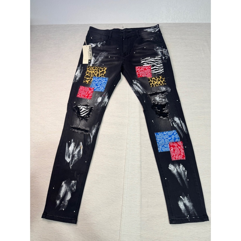 11 4 14 11 Mens Patchwork Distressed Slim Jeans Black Paint Splatter Size 34